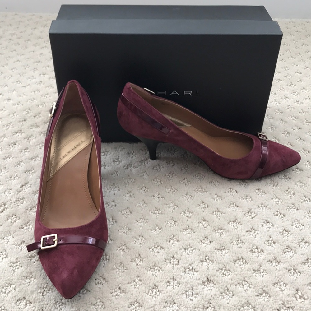Tahari Burgundy Pointed Toe Heels with Buckle Trim - Picture 2 of 5
